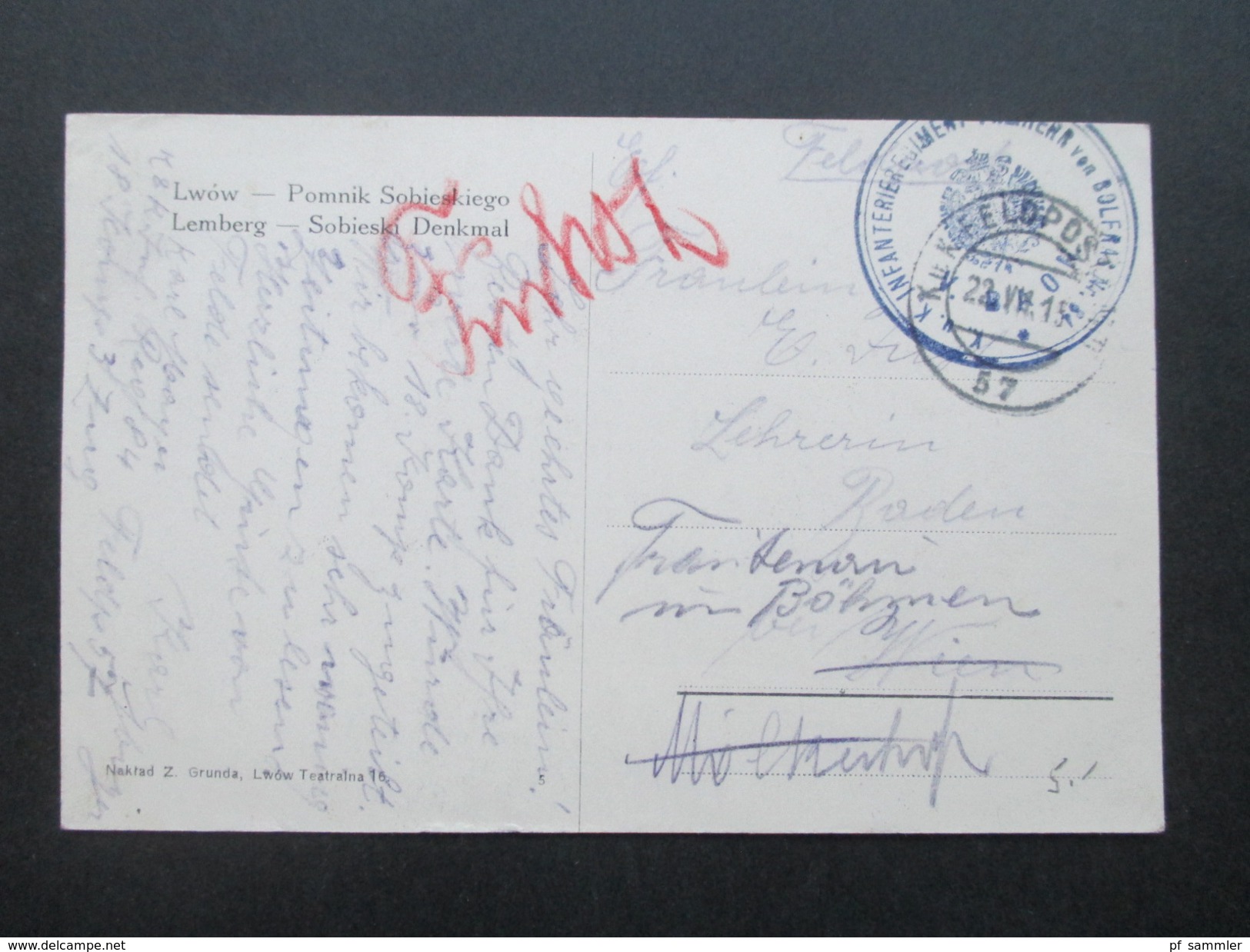 Österreich 1915 Feldpostkarte Feldpostamt 57 AK Lemberg - Sobieski Denkmal. Regiment Freiherr Von Bolfras - Cartas & Documentos