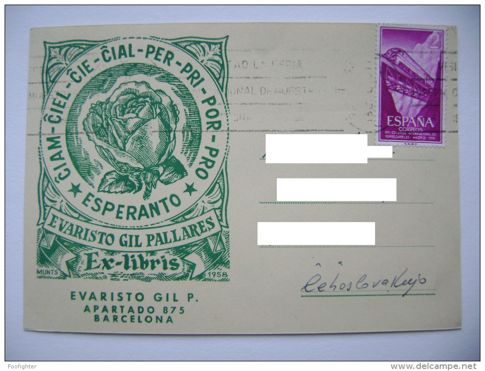 Tarjeta Spain 1958 - CSSR - Evaristo Gil Pallares Ex-libris, Back Side Postmark Kolektanta Klubo, 17. Hispana Kongreso - Esperanto