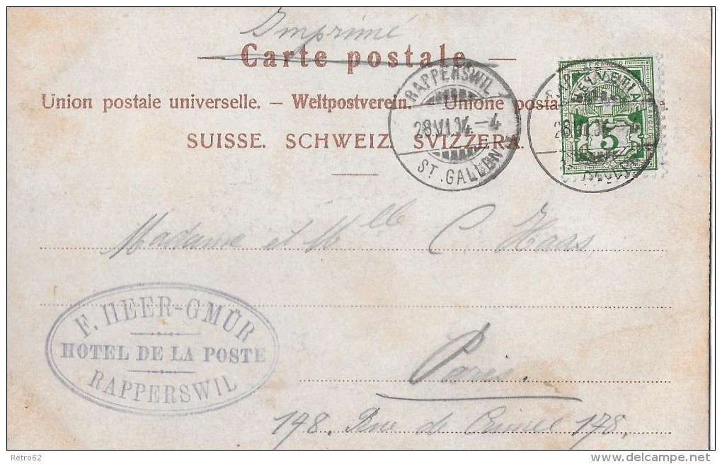 RAPPERSWIL &#8594; Seedamm Mit Passanten Anno 1904  &#9658;Hotelstempel F.Heer-Gmür Hotel De La Poste&#9668; - Rapperswil-Jona