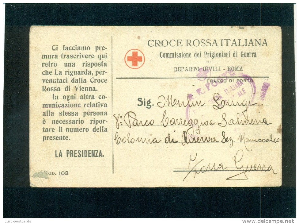 CARTOLINA POSTALE ITALIANA  IN FRANCHIGIA -CROCE ROSSA-PRIGIONIERI DI GUERRA - Guerra 1914-18