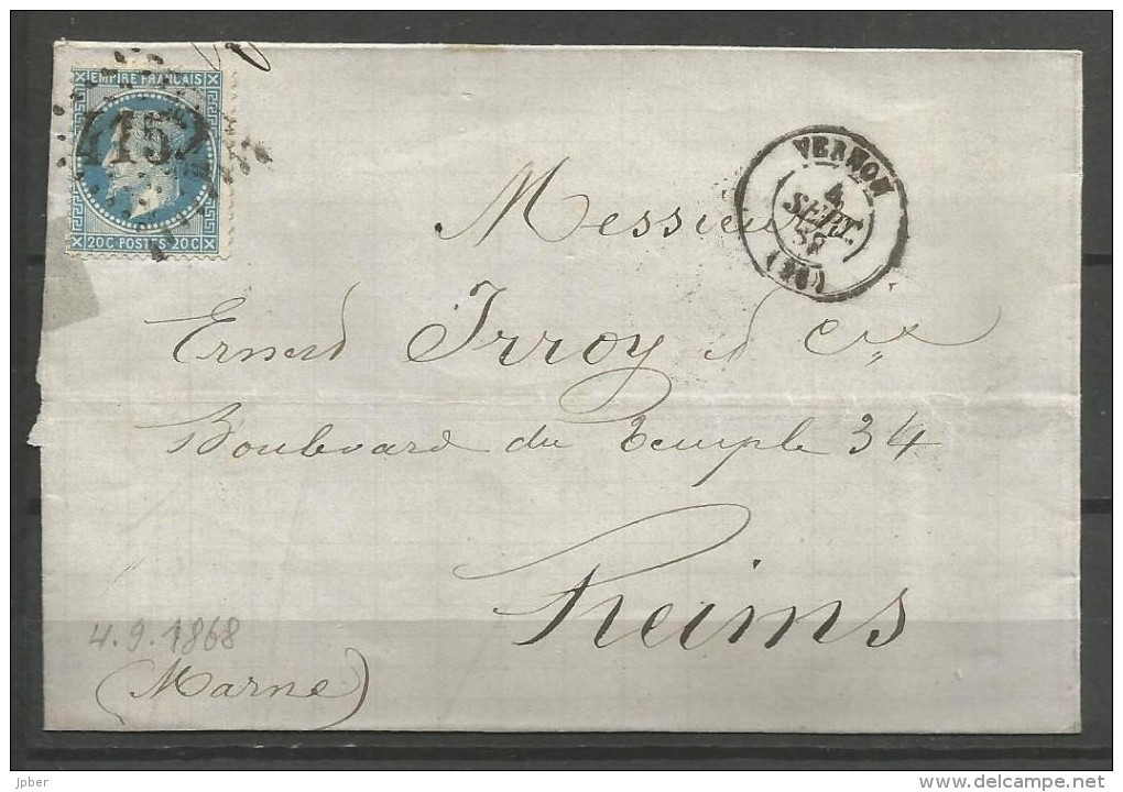 France - F1/083 - Type Napoleon III Lauré - N°29A Sur Lettre Obl. GC4152 VERNON Vers REIMS - Verso Ambulant Et Arrivée - 1863-1870 Napoléon III Con Laureles