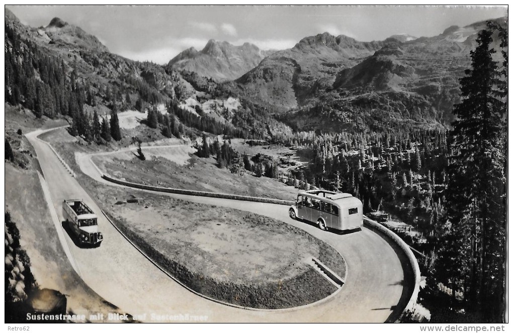 SUSTENSTRASSE  &#8594; 2 Offene Saurer Postauto Mit Blick Auf Die Sustenhörner, Ca.1950 - Autres & Non Classés