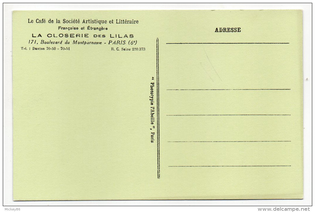 PARIS 6°--carte Publicitaire"La Closerie Des Lilas"-Café De La S.A.L  éd L'Abeille.......à Saisir - Arrondissement: 06