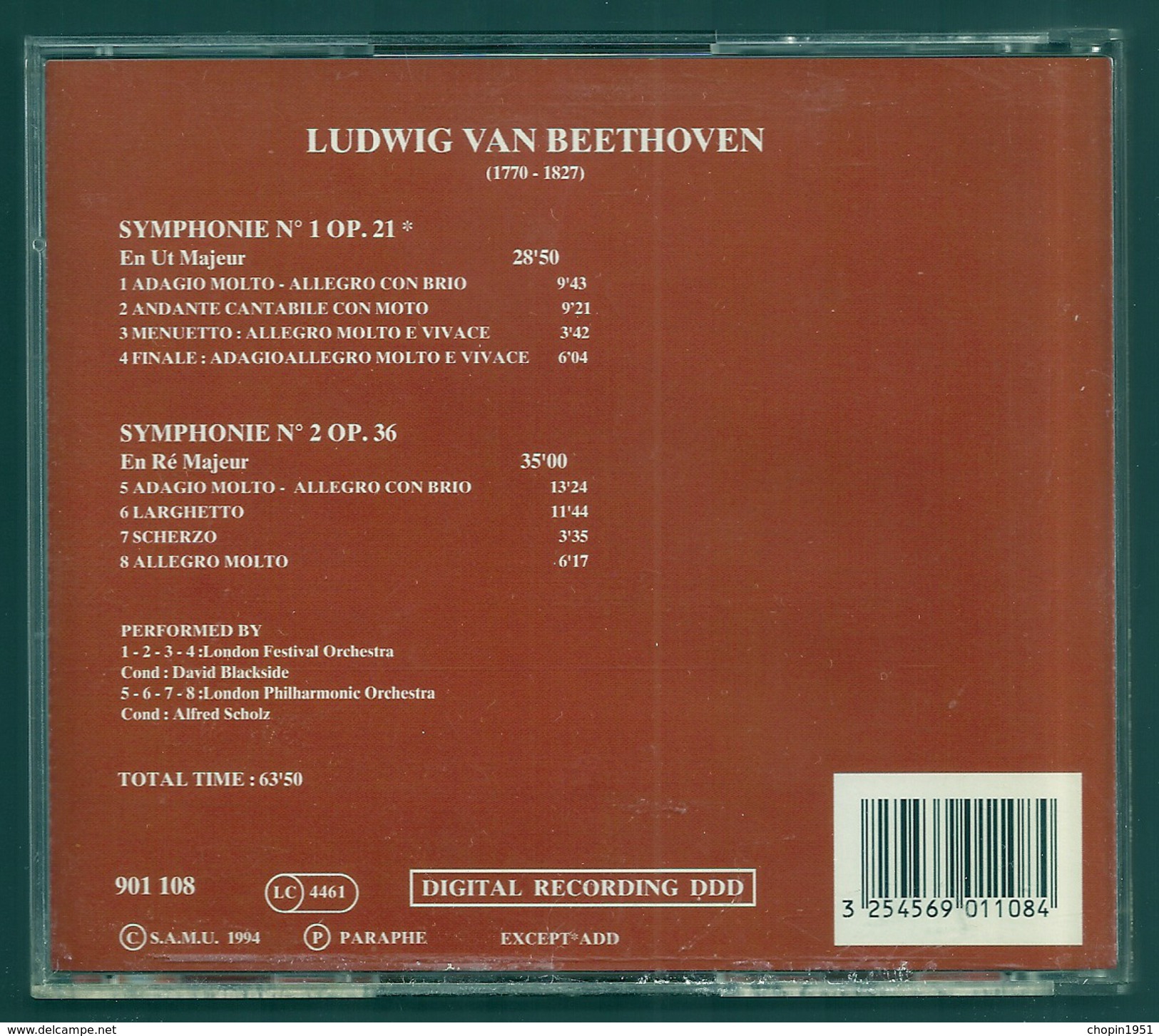 CD CLASSIQUE - BEETHOVEN : SYMPHONIES N° 1 & 2 - Direction : ALFRED SCHOLZ - Klassik