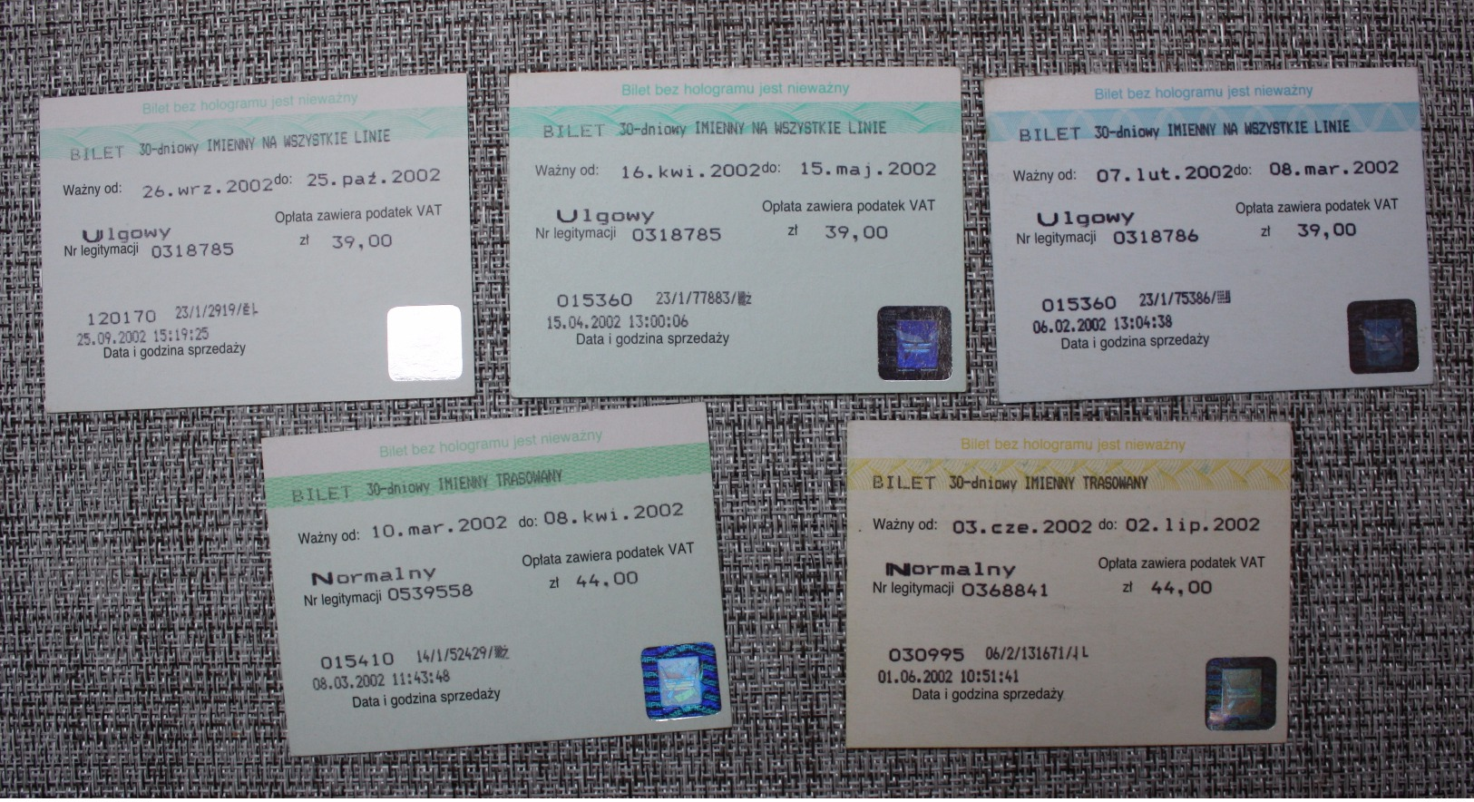 Bus Monthly Tickets - POLAND Lodz City - 5 Pcs. 2002 Year - Europa