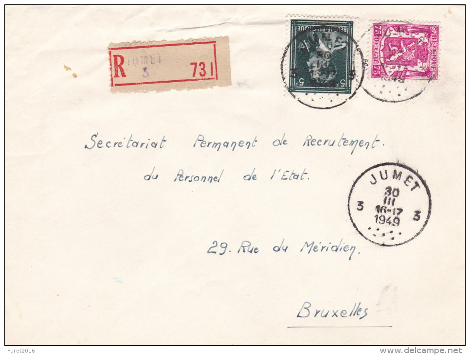 N° 696 + Petit Sceau / Lettre En Recommandé De Jumet 30 3 49 - 1936-1957 Collar Abierto