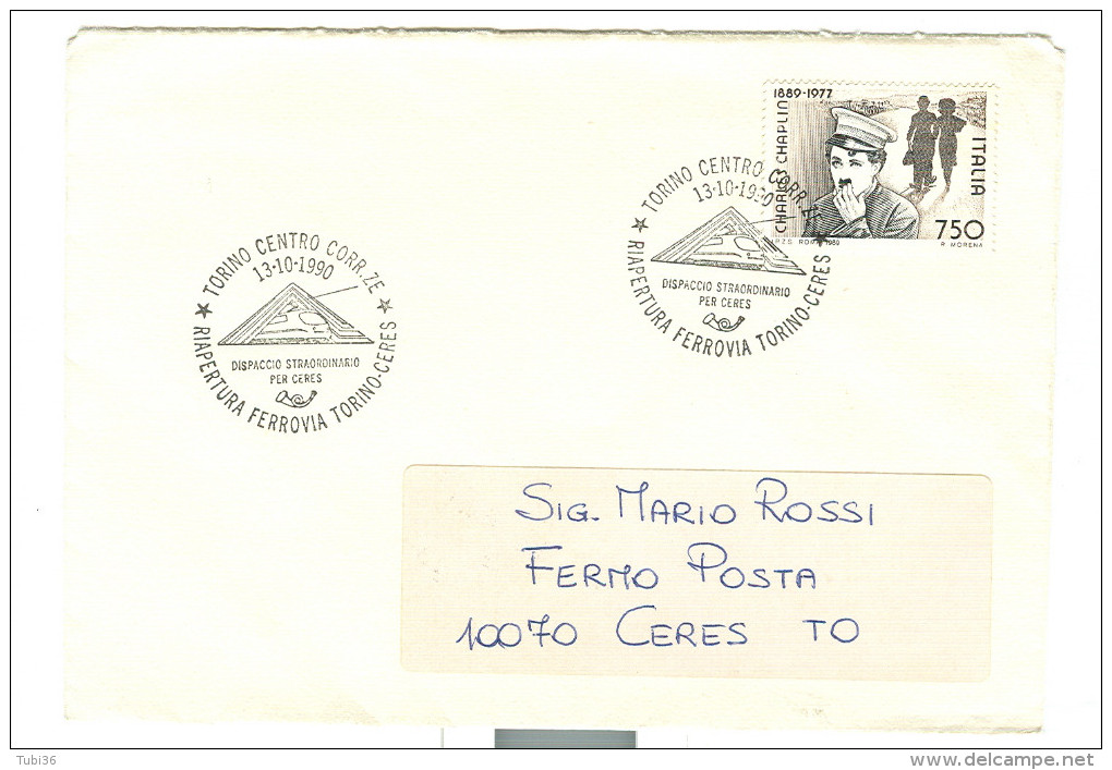 "RIAPERTURA FERROVIA TORINO-CERES", ANNULLO, SPECIALE FIGURATO, 1990, TIMBRO POSTE TORINO, - Trains