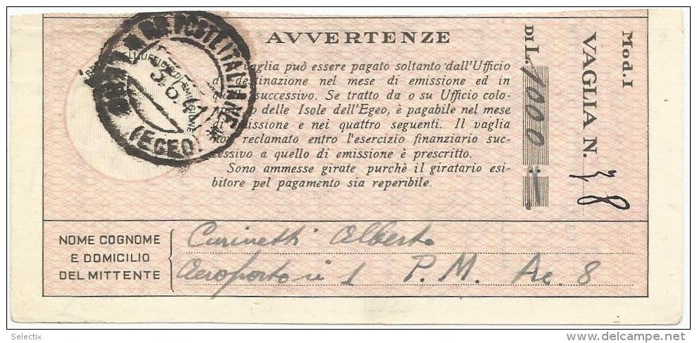 Greece 1941 Italian Occupation Of Leros - Lero (Egeo) Postal Money Order - Dodécanèse