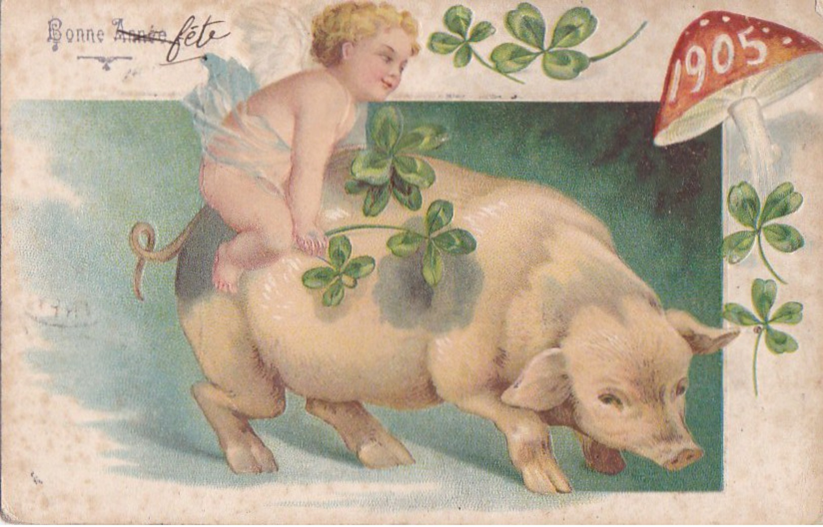 Belle CPA Gaufrée BONNE ANNEE 1905  ANGE Angelot Monté Sur Un COCHON VOEUX Chance TREFLES 4 Feuilles Timbrée - Cochons