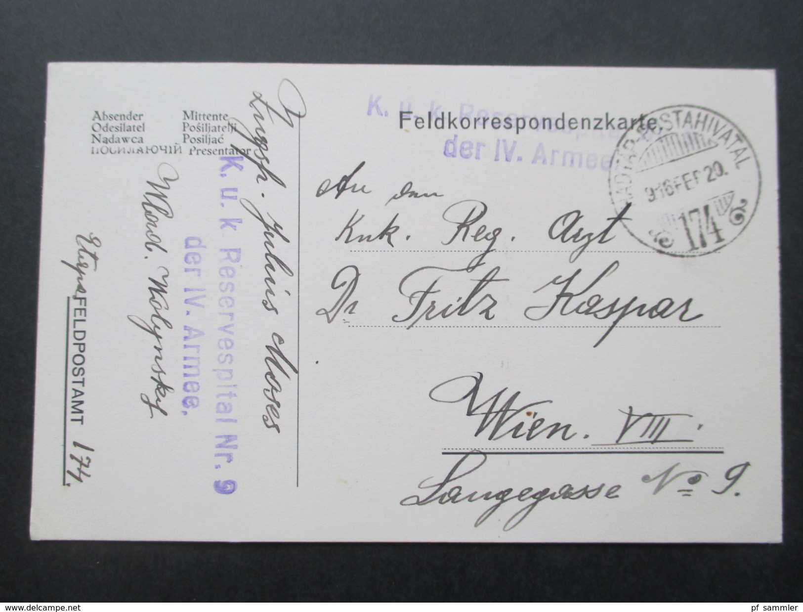 AK Österreich / Ungarn 1916 Feldpostkarte Hadtap Postahivatal 174. K.u.K. Reservespital Nr. 9 Der IV. Armee - Cartas & Documentos