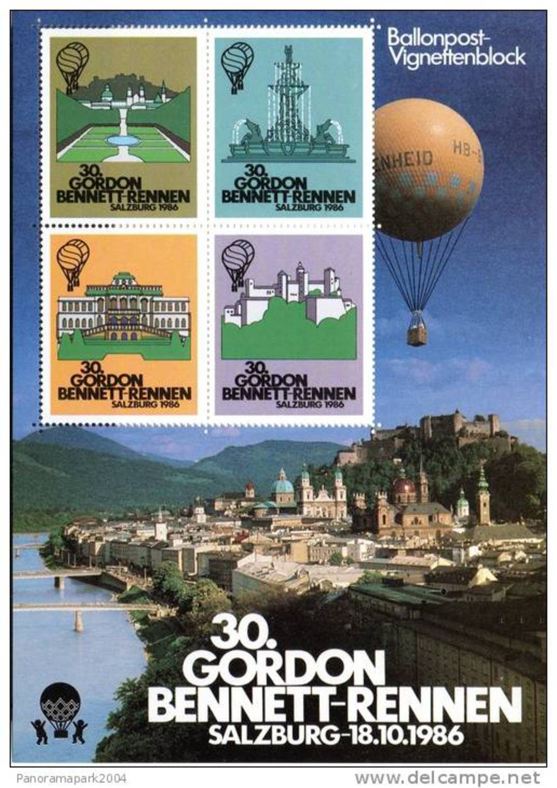 30. Gordon Bennett Rennen Salzburg 18.10.1986 Österreich Vignettenblock Ballonpost Heißluftballon - Par Ballon