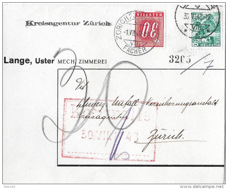 NACHPORTOMARKEN &#8594; SBK 59 Ziffer Und Kreuz 1938 Auf Brief 1948 - Portomarken