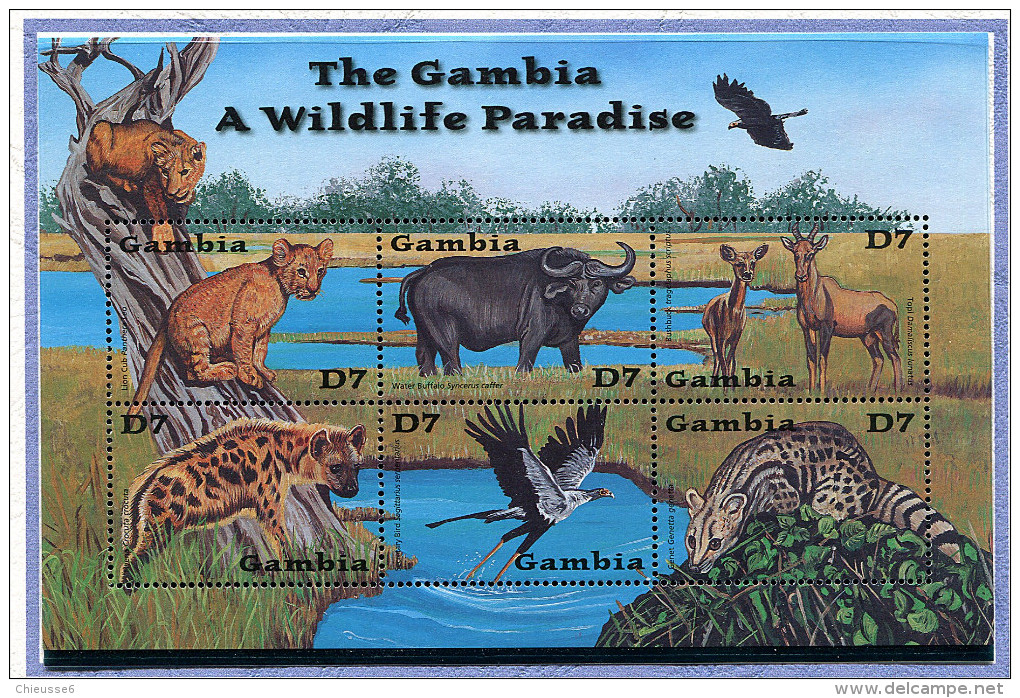 Gambie ** N° 3679L à 3679R En Petite Feuille - Lionceau, Buffle, Antilope, Hyène, Sevrétaire, Genette - - Gambie (1965-...)