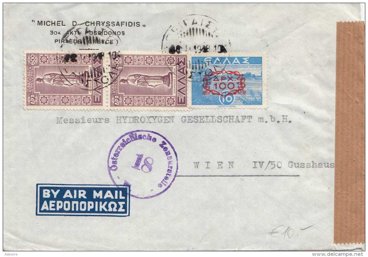 GRIECHENLAND 1948 Zensur Flugpost-Brief Mit 3 Fach Frankierung Gelaufen Nach Wien IV - Briefe U. Dokumente