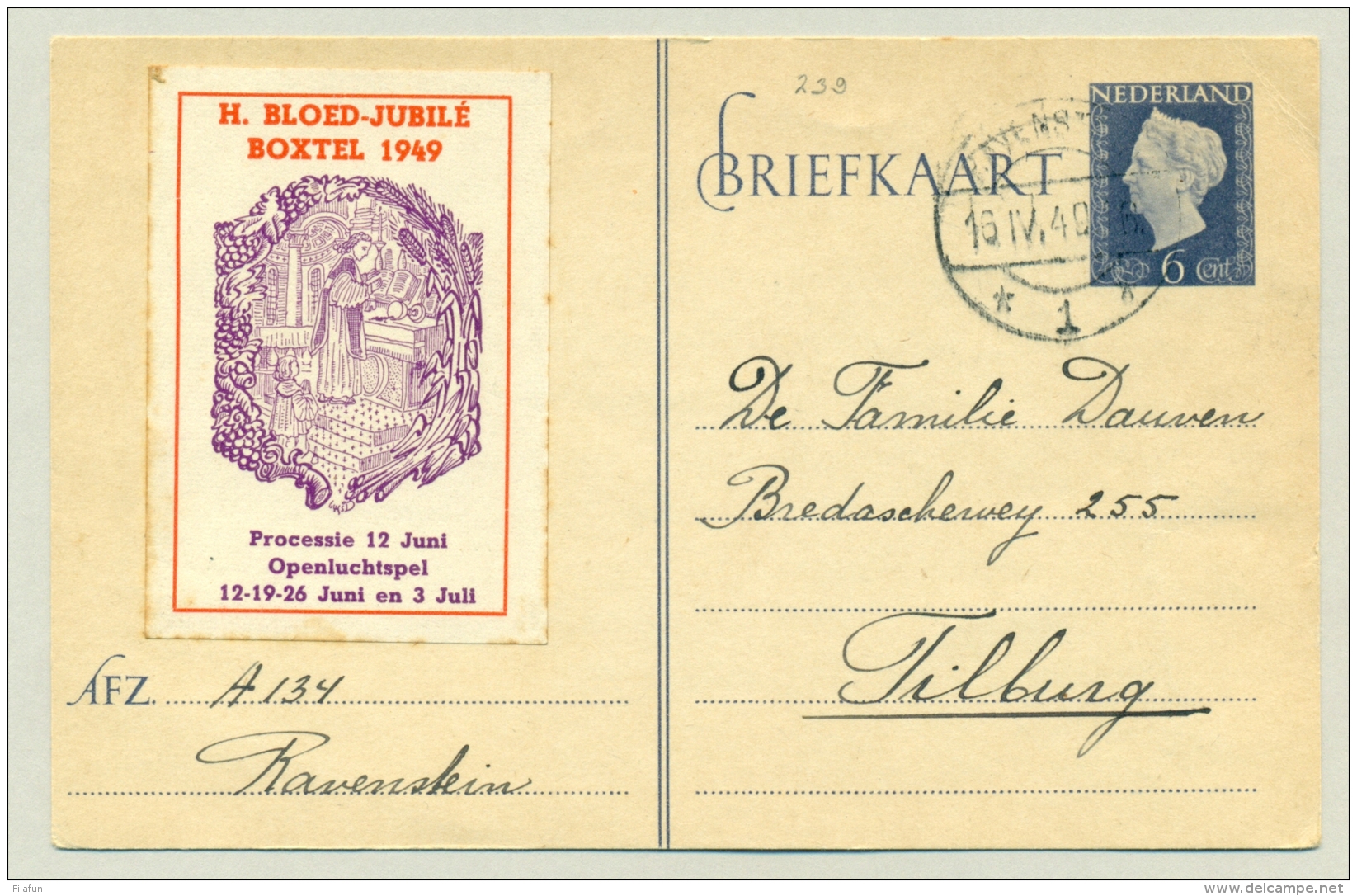 Nederland - 1949 - H. Bloed-Jubilé Boxtel 1949 Op Briefkaart Naar Tilburg - Brieven En Documenten