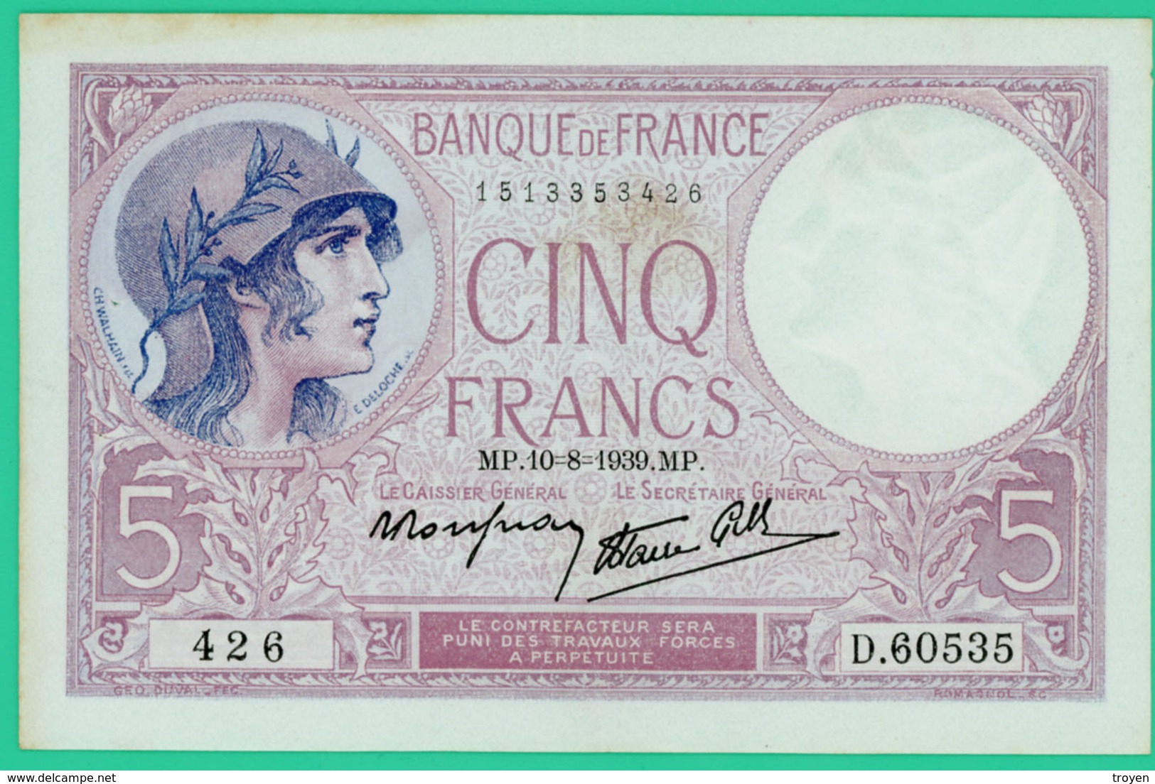 Cinq Francs - France - Violet Type 1917 - 10-8-1939 - N°. 426 - D.60535 - TTB+ - - 5 F 1917-1940 ''Violet''
