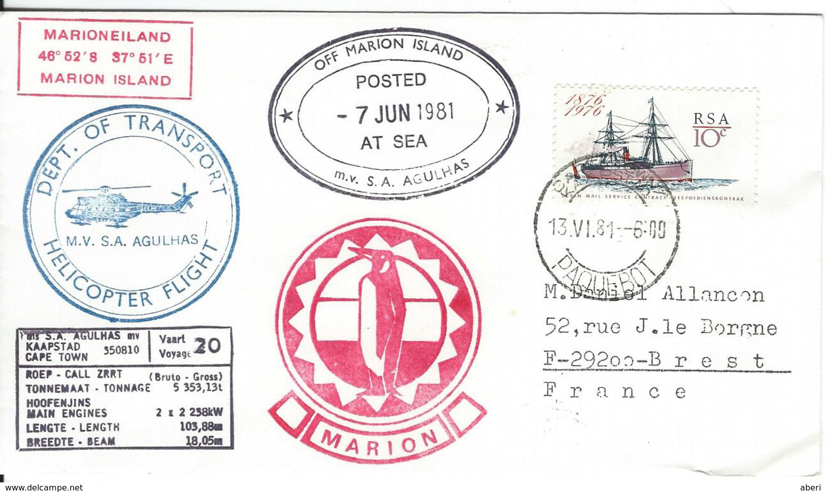 12449 MS SA AGULHAS  à L'ÎLE MARION - CAP TOWN PAQUEBOT 1981 - HELICOPTER - Polareshiffe & Eisbrecher