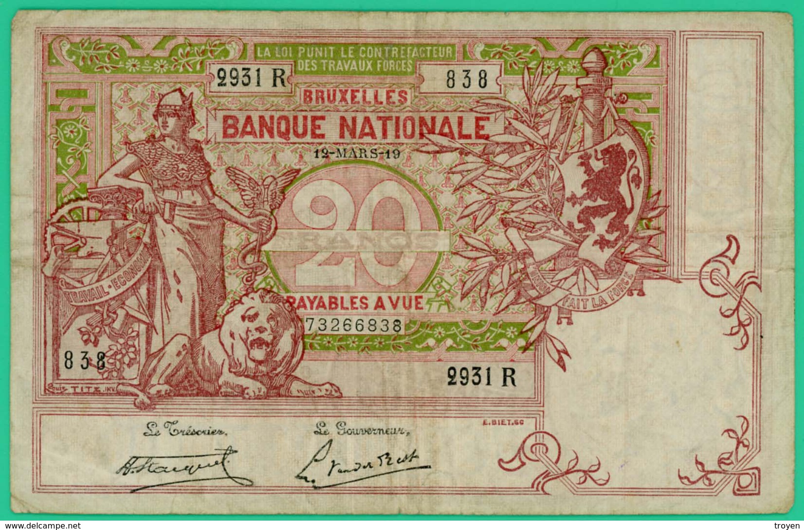 20 Francs -  Belgique - Type 1894 Vermillon - N° 2931 R - 838 -  TTB - - 5-10-20-25 Franchi