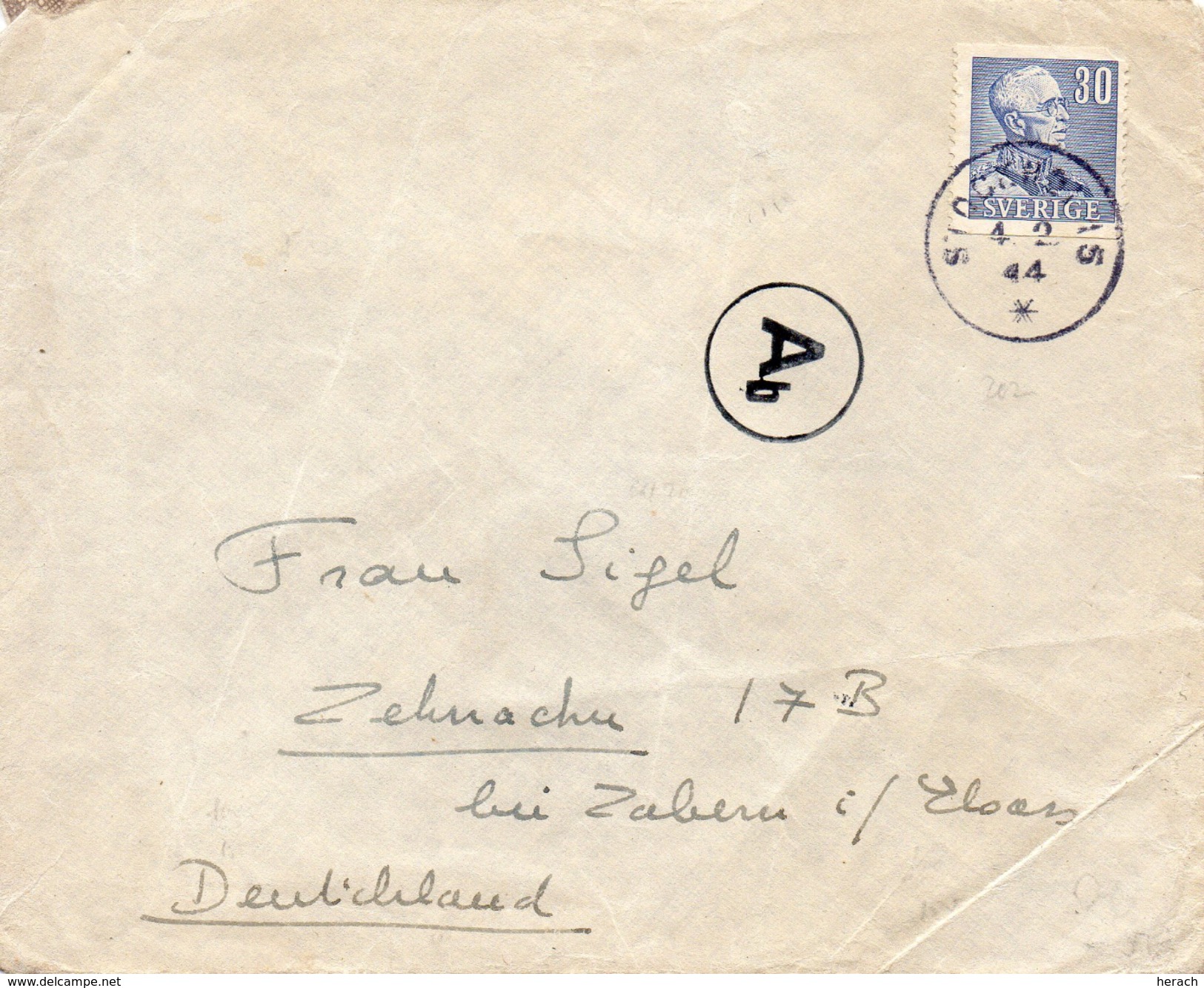 Suède Lettre Censurée Pour L'Alsace 1944 - 1930- ... Coil Stamps II