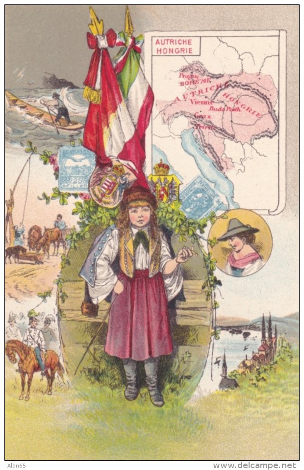 Austria Hungary, Artist Images Map Flag Stamp Country Scenes Fashion Costume, C1900s Vintage Postcard - Maps