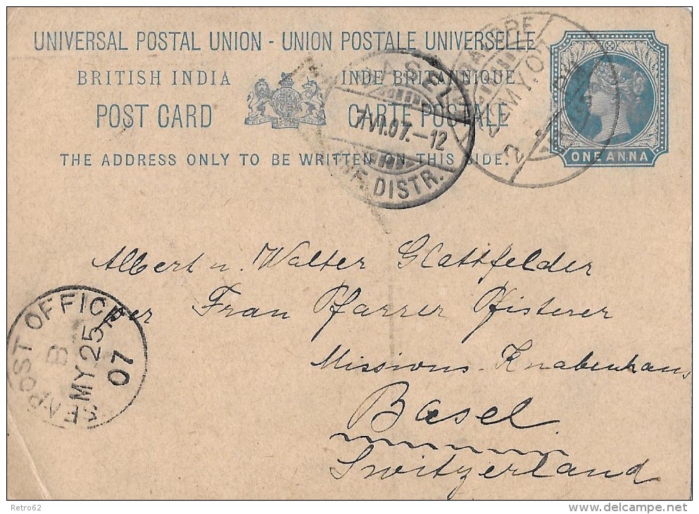 BRITISH INDIA  - BASEL / SWITZERLAND &#8594; POST CARD, One Anna 25.05.1907 - Inland Letter Cards