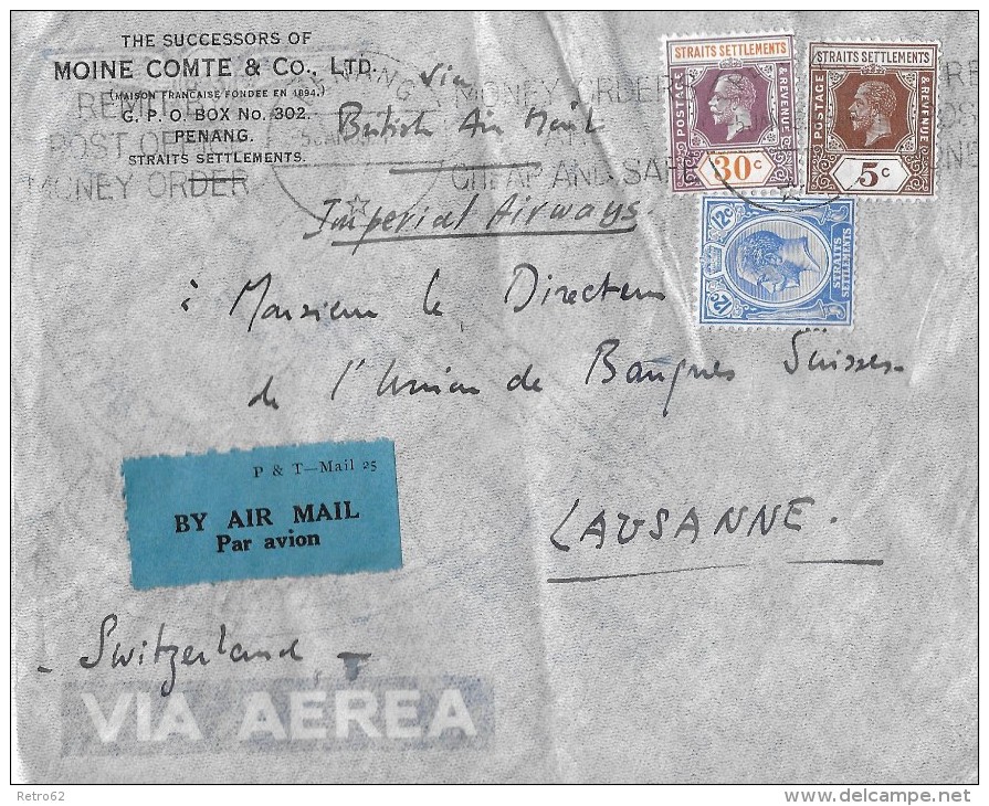 PENANG - LAUSANNE / SWITZERLAND &#8594; Stamps Straits Settlemnts  &#9658;Money-Order 1938&#9668; - Penang