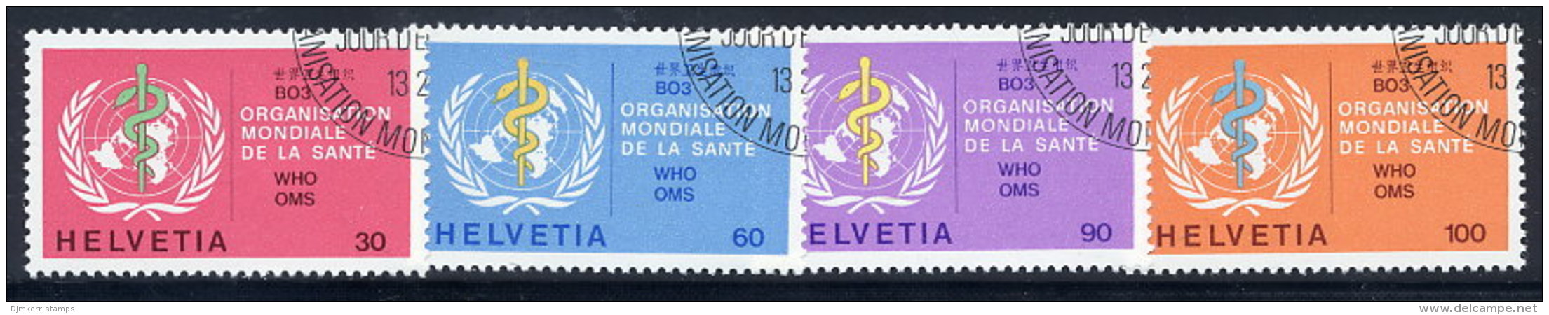 SWITZERLAND: WHO 1975 Emblem Set Of 4 In Blocks Of 4, Cancelled.  Michel 36-39 - Officials