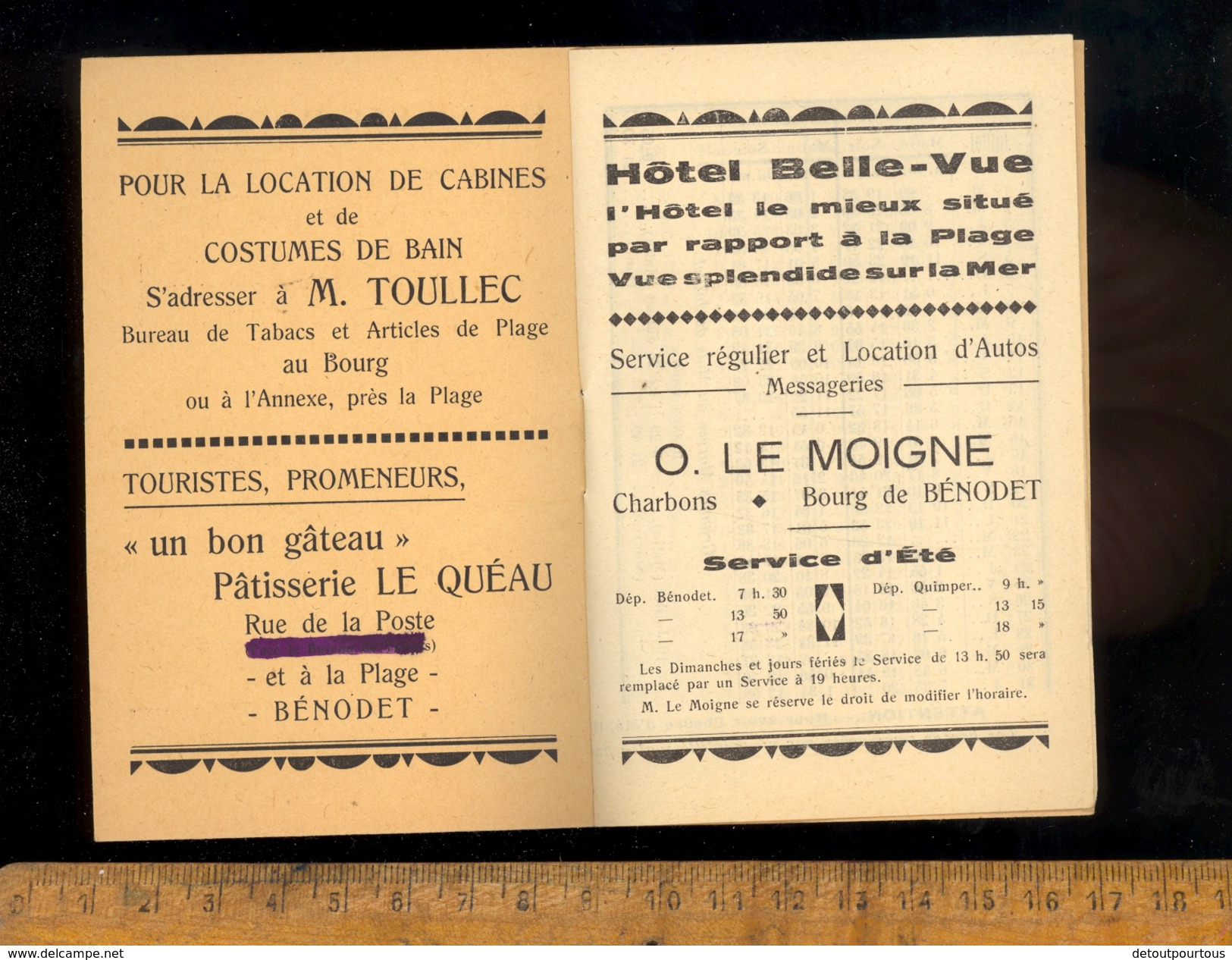 Horaires Des Marées  : Horaire Heures Des Pleines Et Basses Mers à BENODET Finistère Et Environs été 1930 - Europe