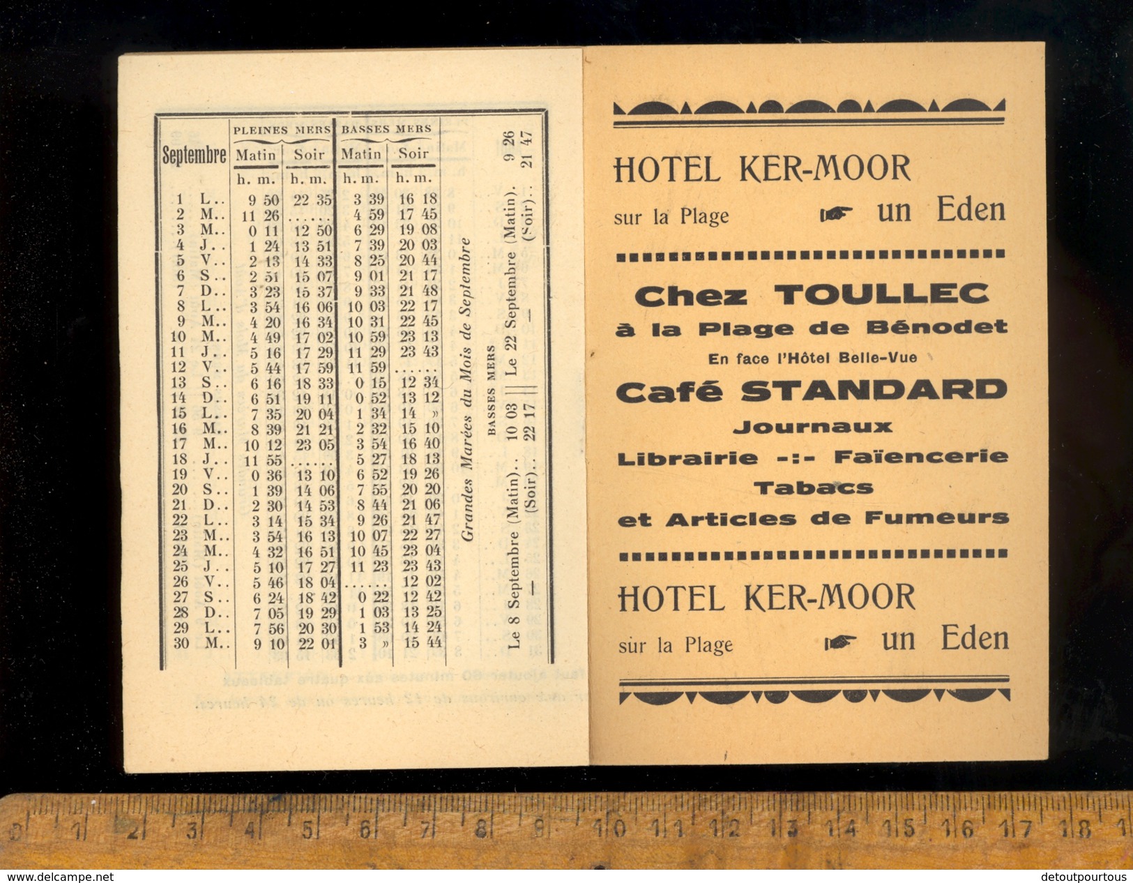 Horaires Des Marées  : Horaire Heures Des Pleines Et Basses Mers à BENODET Finistère Et Environs été 1930 - Europe