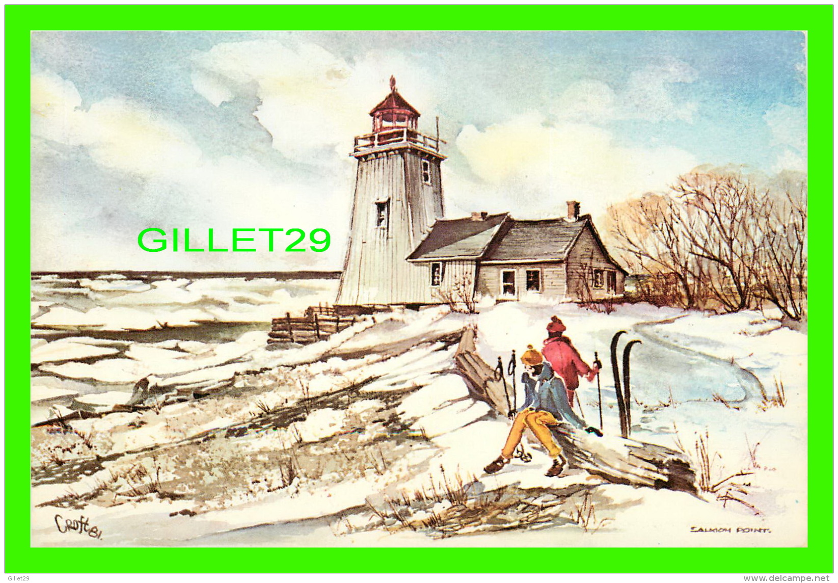 PHARES - LIGHTHOUSE - SALMON OR WICKED POINT LIGHTHOUSE WINTER, PRINCE EDWARD COUNTY - WATERCOLOUR BY RAYMOND C. WOODS - - Phares