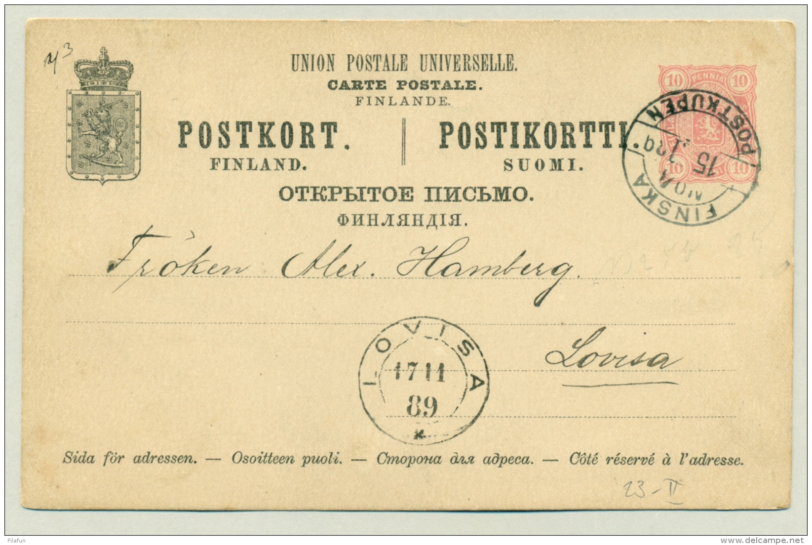 Suomi Finland - 1889 - 10P Carte Postale 10 Pearls, To Lovisa - Postal Stationery