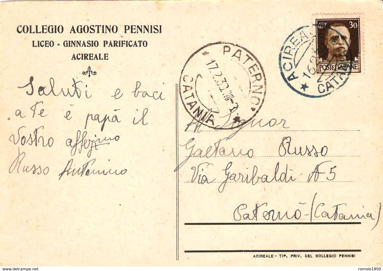 2 Cartoline Dei Collegi Pennisi  E Buon Pastore Di Acireale Viaggiate Nel 1939 E Nel 1910. - Acireale