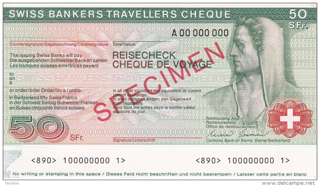 SPECIMEN BILLETE DE SUIZA DE 50 FRANCS SWISS BANKERS TRAVELLERS CHEQUE  SIN CIRCULAR-UNCIRCULATED (BANKNOTE) - Switzerland