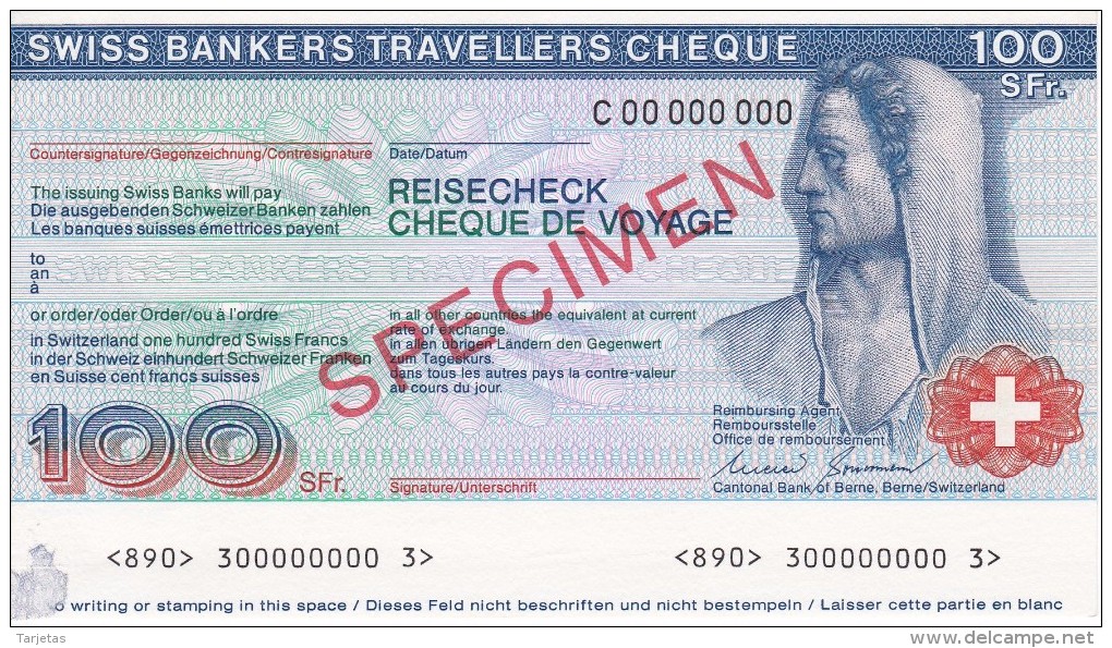 SPECIMEN BILLETE DE SUIZA DE 100 FRANCS SWISS BANKERS TRAVELLERS CHEQUE  SIN CIRCULAR-UNCIRCULATED (BANKNOTE) - Zwitserland