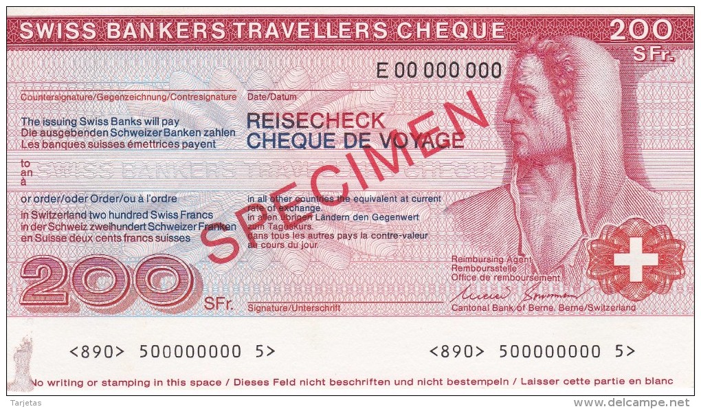 SPECIMEN BILLETE DE SUIZA DE 200 FRANCS SWISS BANKERS TRAVELLERS CHEQUE  SIN CIRCULAR-UNCIRCULATED (BANKNOTE) - Suiza