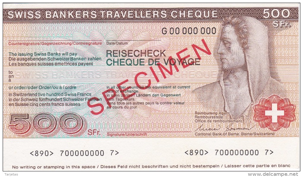 SPECIMEN BILLETE DE SUIZA DE 500 FRANCS SWISS BANKERS TRAVELLERS CHEQUE  SIN CIRCULAR-UNCIRCULATED (BANKNOTE) - Switzerland