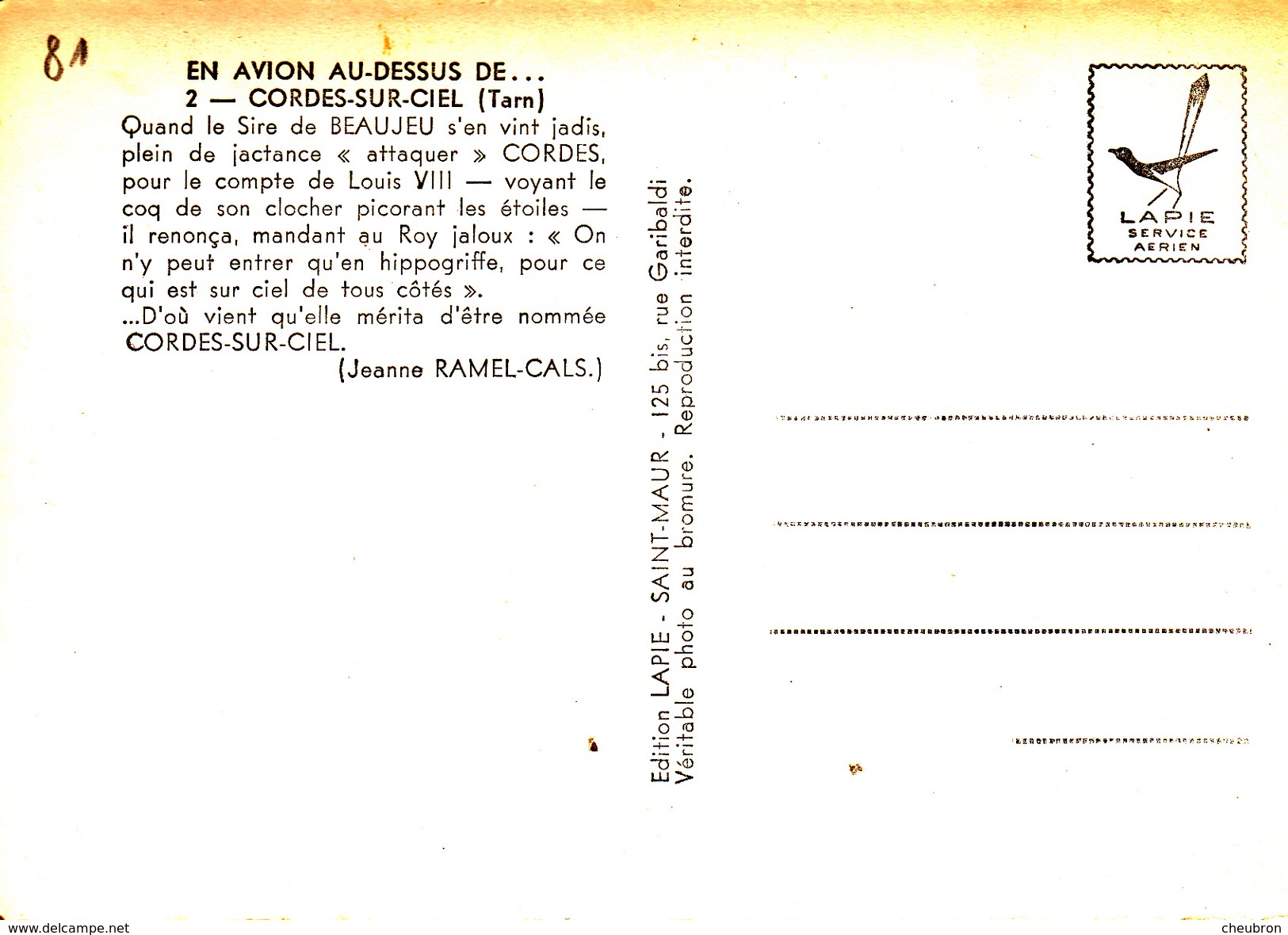 81. CORDES. VUE AERIENNE ANNÉES 50. COLLECTION "EN AVION AU DESSUS DE...." - Cordes