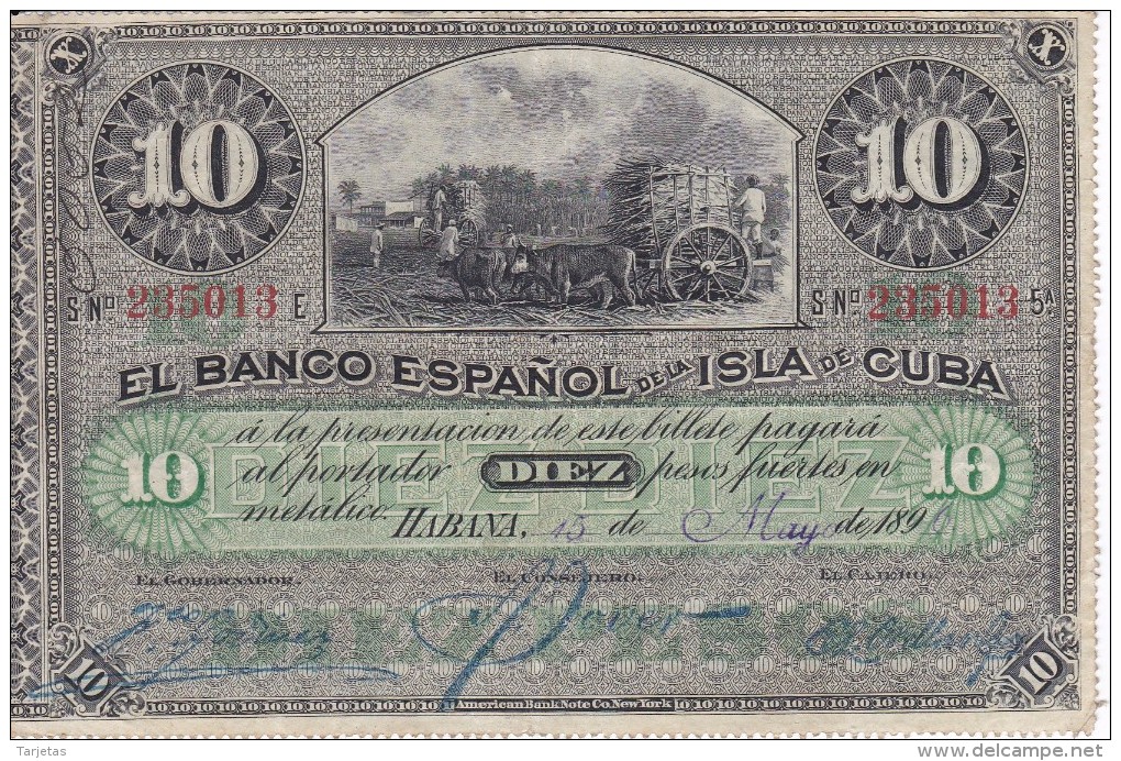 BILLETE DEL BANCO ESPAÑOL EN CUBA DE 10 PESOS DEL AÑO 1896 SIN SELLO PLATA Y LETRAS AZULES (BANKNOTE) RARO - Cuba