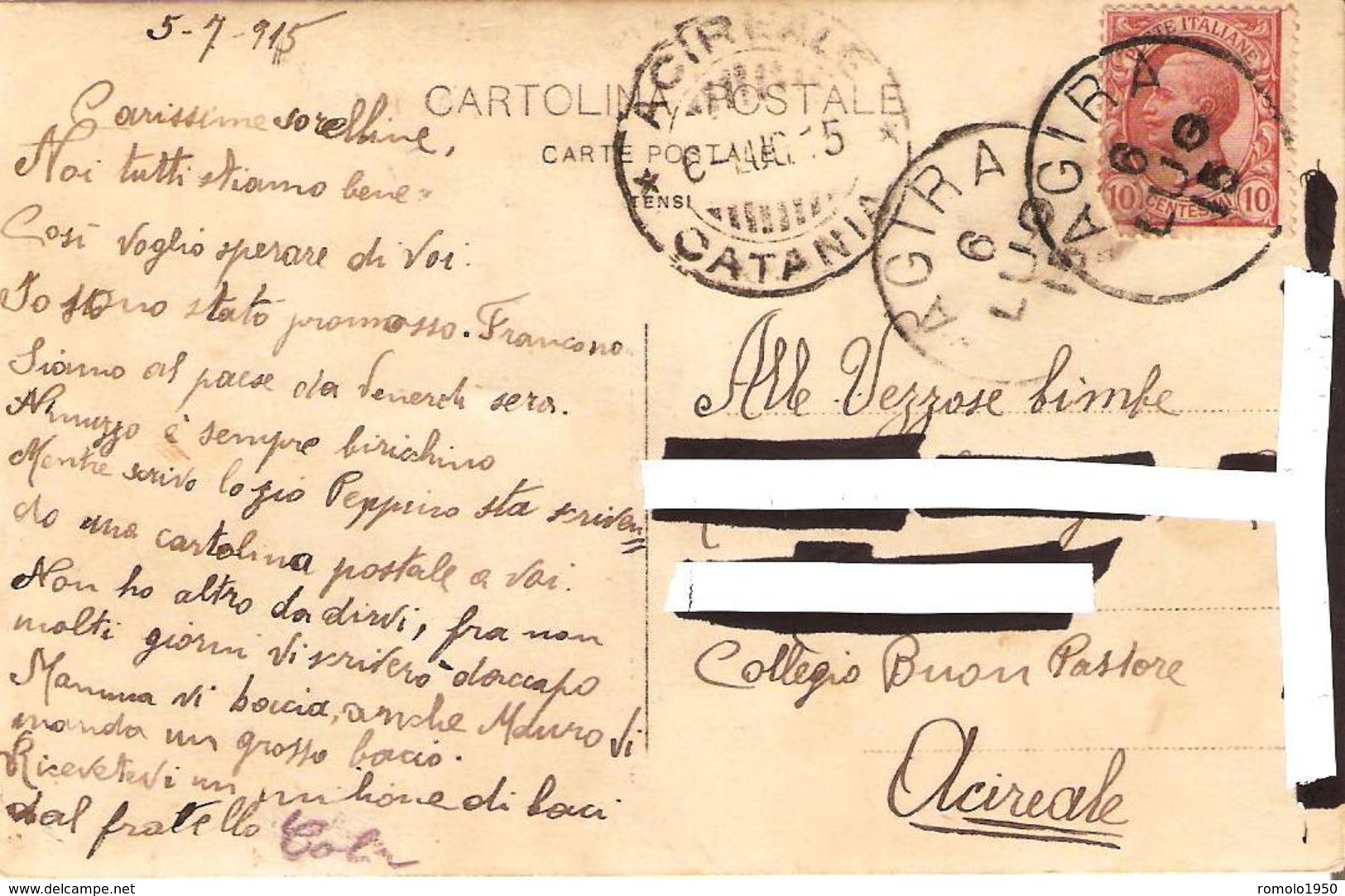 Cartolina Del Collegio Pennisi Di Acireale.Fotografia  G. Celso Affrancata E Viaggiata Nel 1915. - Acireale