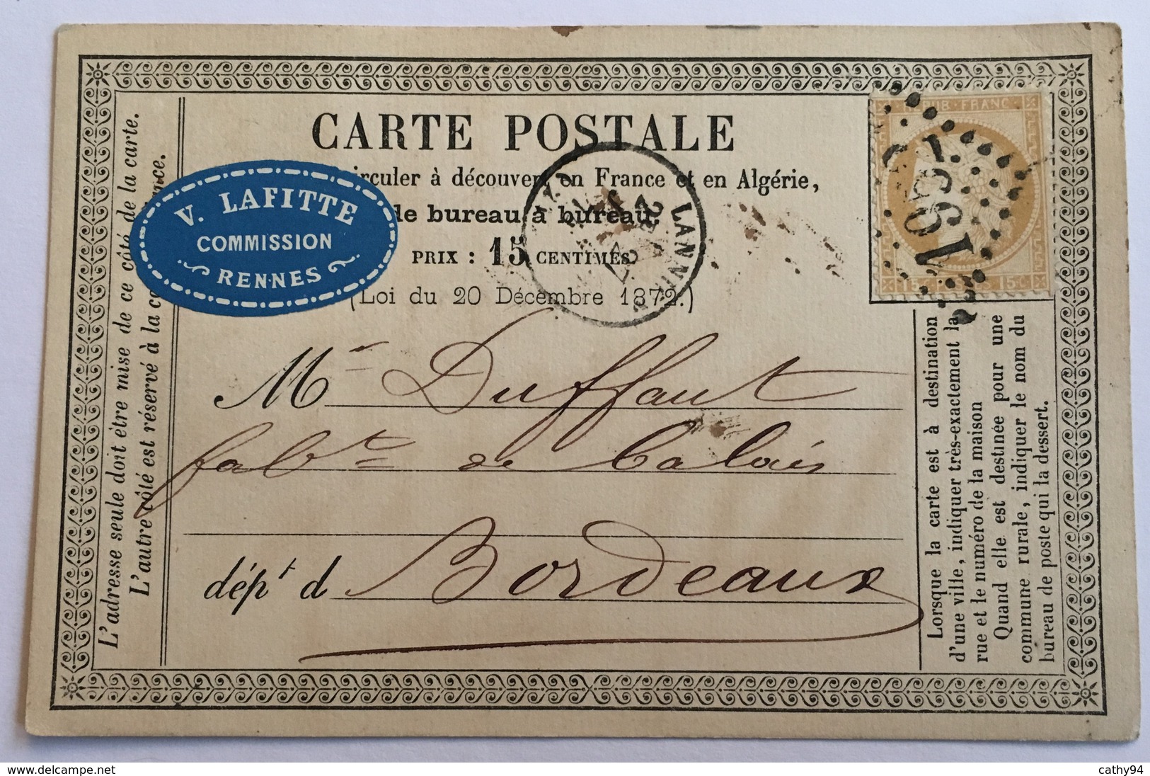 CARTE PRÉCURSEUR De LANNION Pour BORDEAUX Avec ÉTIQUETTE V. LAFITTE COMMISSION Affranchissement Type Cérès 1874 - Cartes Précurseurs