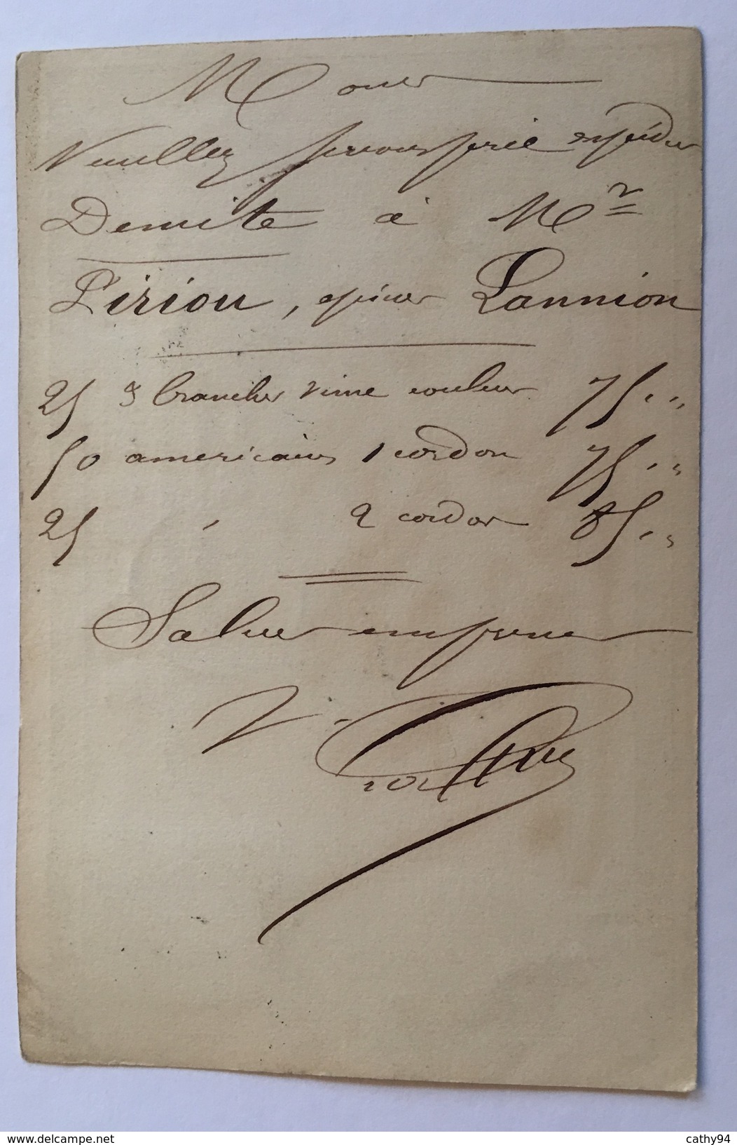 CARTE PRÉCURSEUR De LANNION Pour BORDEAUX Avec ÉTIQUETTE V. LAFITTE COMMISSION Affranchissement Type Cérès 1874 - Cartes Précurseurs