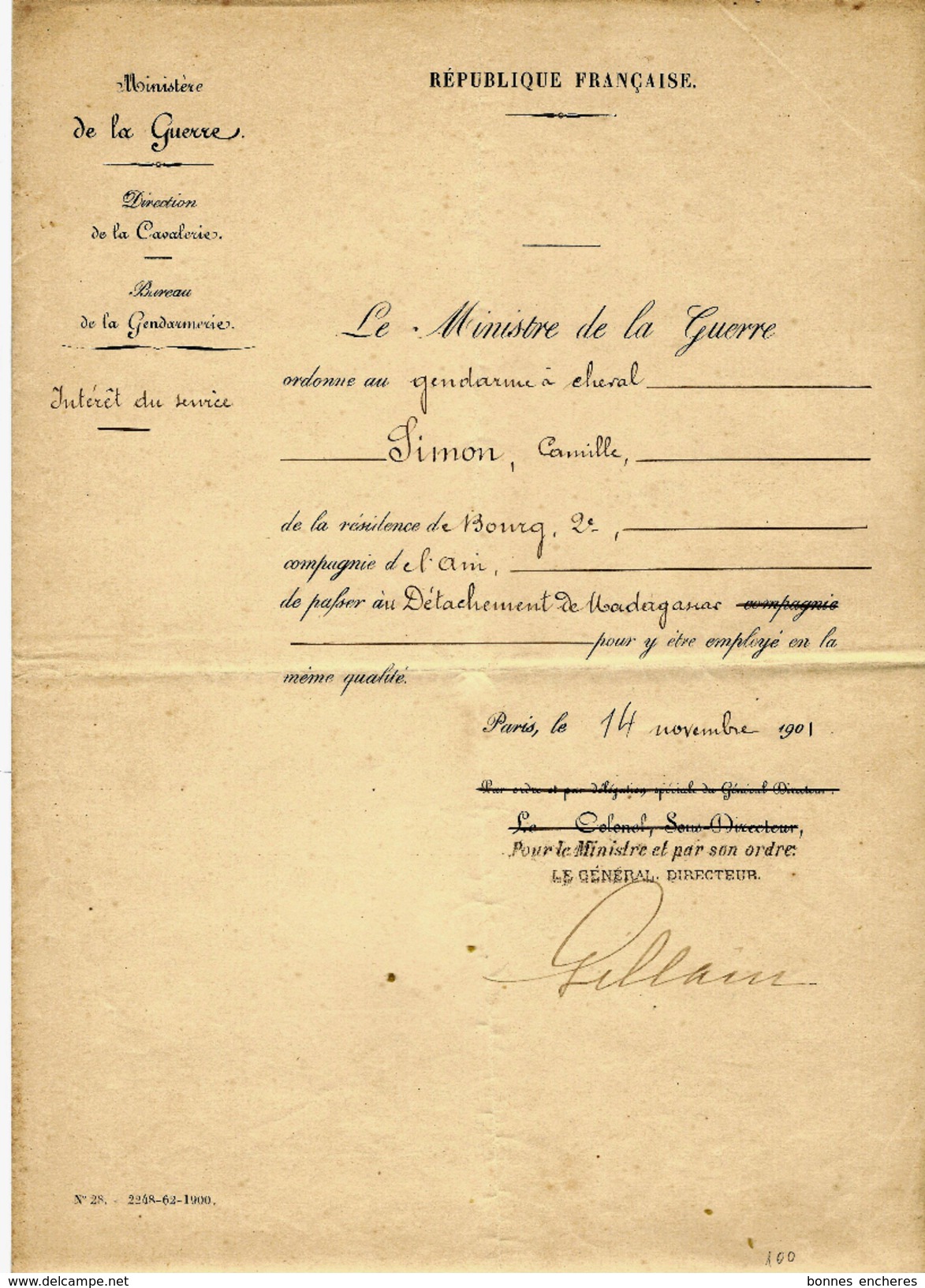 1901 MINISTERE DE LA GUERRE Republique Francaise GENDARMERIE MUTATION  GENDARME A CHEVAL  SIMON   BOURG Ain > MADAGASCAR - Documents Historiques