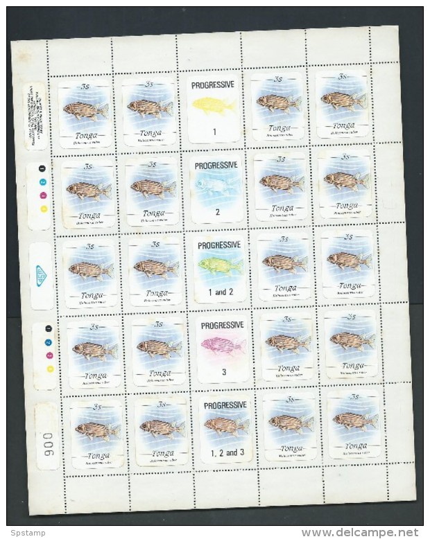Tonga 1984 1s Shell & 3s Fish In Full Sheets Of 20 With Labels And Margins MNH , Some Surface Tone - Tonga (1970-...)