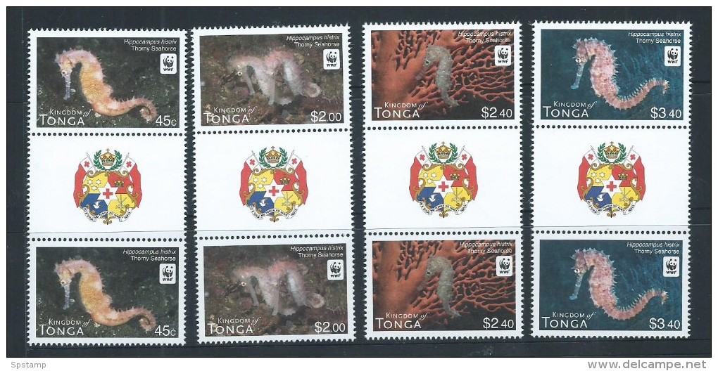 Tonga 2012 WWF Seahorses Set 4 As Gutter Pairs With Coat Of Arms Label MNH - Tonga (1970-...)