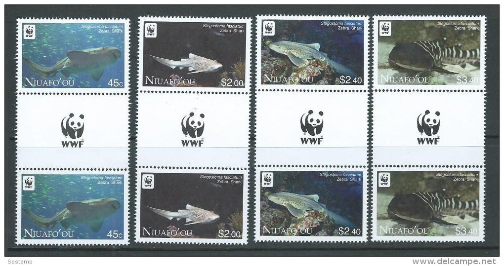 Tonga Niuafo´ou 2012 WWF Zebra Sharks Set 4 Gutter Pairs With WWF Label MNH - Tonga (1970-...)