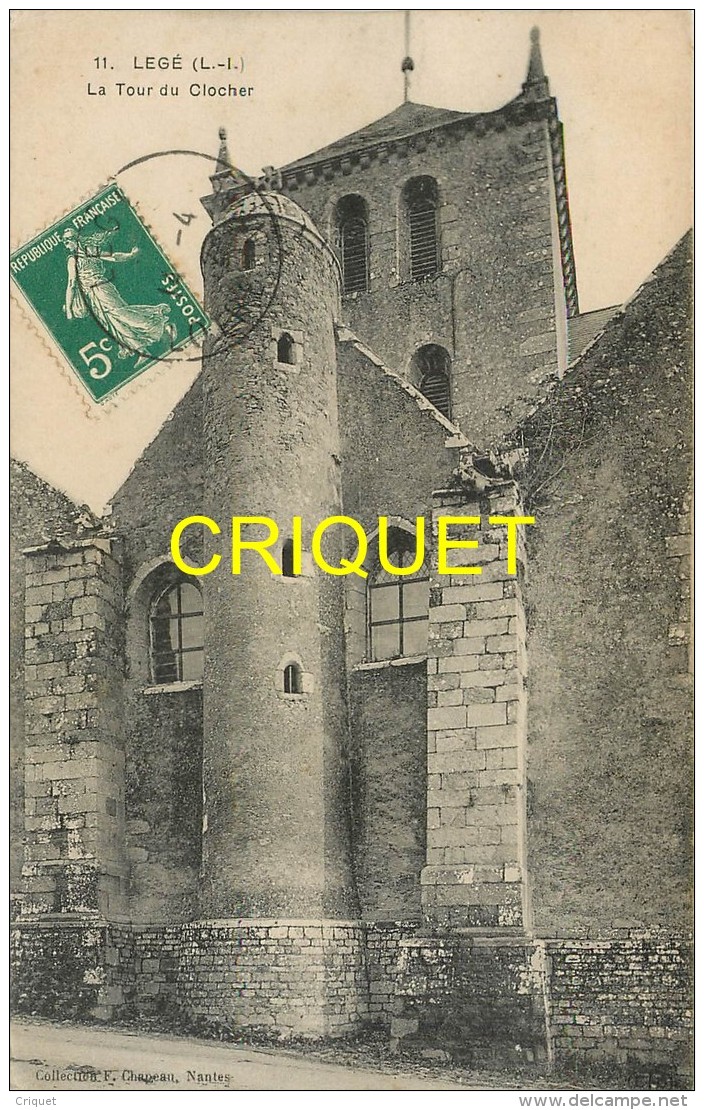 44 Legé, La Tour Du Clocher, Carte Pas Courante Affranchie 1912 - Legé