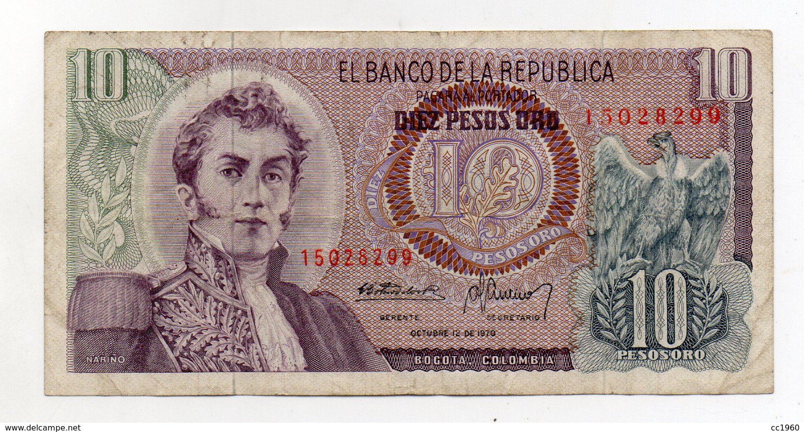 Colombia - 1970 - Banconota Da 10 Pesos Oro - Usata - (FDC1710) - Colombia