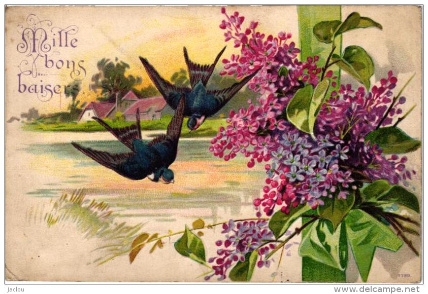 CARTE GAUFREE FLEURS ET HIRONDELLES ,COULEUR "MILLE BONS BAISERS " REF 49812 - Bloemen