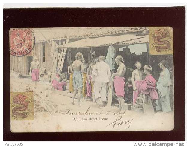 Timbre Stamp Mouchon Chine Oblitération Corr. D'armée Shanghai 11 4 1907 Cachet Marine Française, Chinese Street Scene - Storia Postale