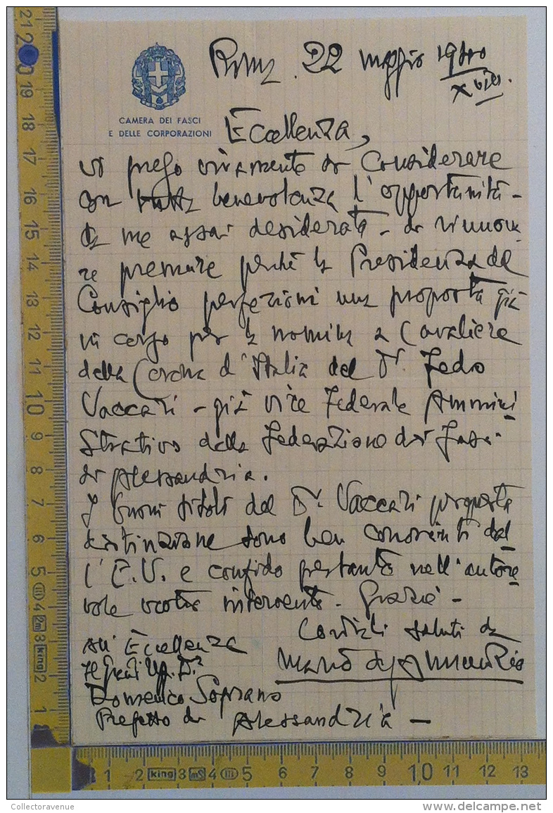 Mario D'Annunzio - Lettera Autografa "Camera Dei Fasci" Prefetto Di Alessandria - Autres & Non Classés